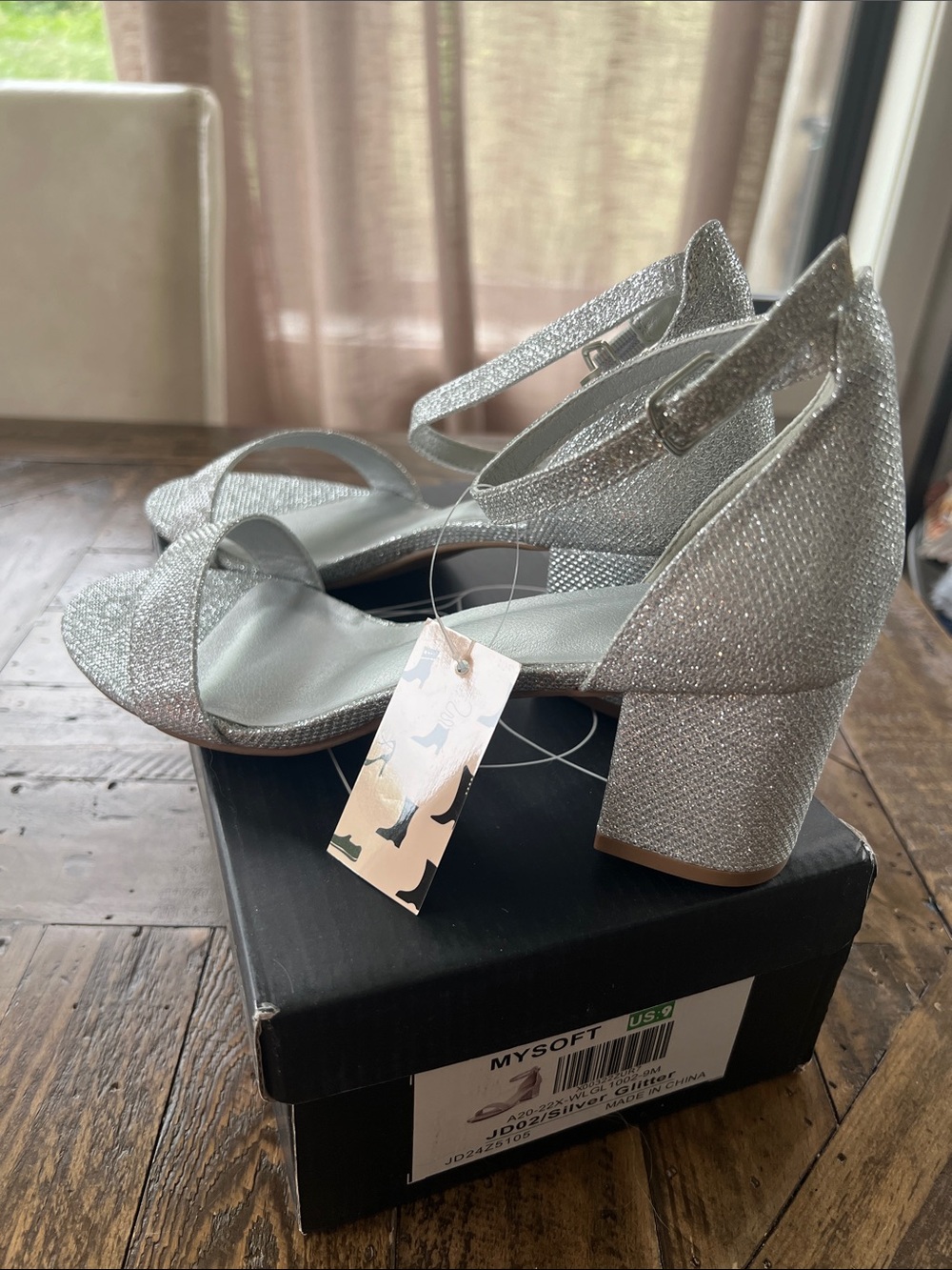 MYSOFT Silver Glitter Block Heel Sandals with Ankle Strap